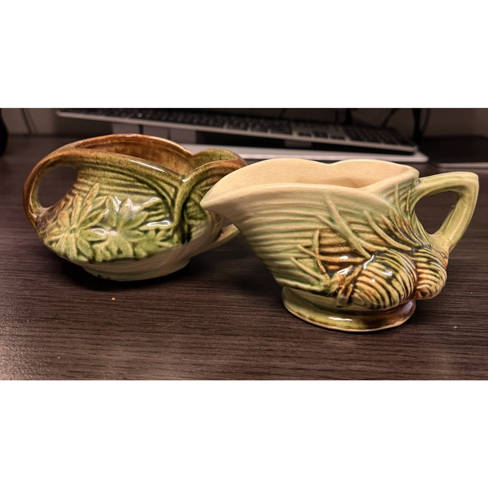 Vintage 1940's McCoy Pottery Sugar & Creamer - Green Brown Daisy Pattern